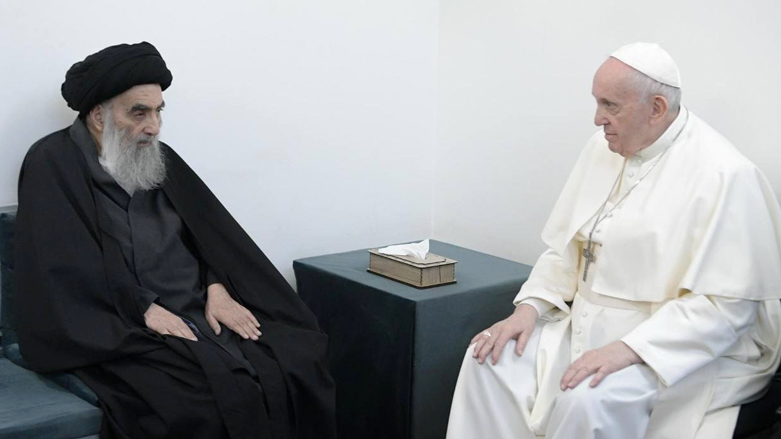 Pope Francis (right) meets with Iraq’s top Shia cleric Ayatollah Ali Sistani in Najaf, March 6, 2021. (Photo: al-Sistani’s Office)