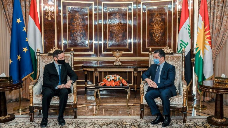 KRG Prime Minister Masrour Barzani during his meeting with Hungary’s Tristan Azbej, State Secretary for the Aid of Persecuted Christians, March 9, 2021. (Photo: KRG)