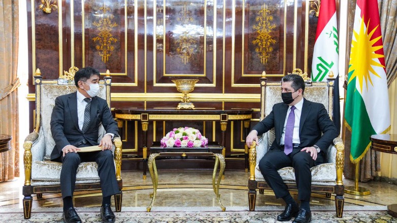 Kurdistan Region Prime Minister Masrour Barzani (right) met with Japanese Ambassador to Iraq Suzuki Kotaro (left) on March 17, 2021. (Photo: KRG)