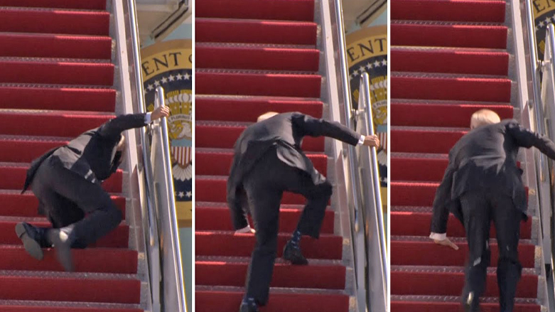 ساتی كه‌وتنی بایدن له‌كاتی سه‌ركه‌وتنی بۆ ناو فڕۆكه‌