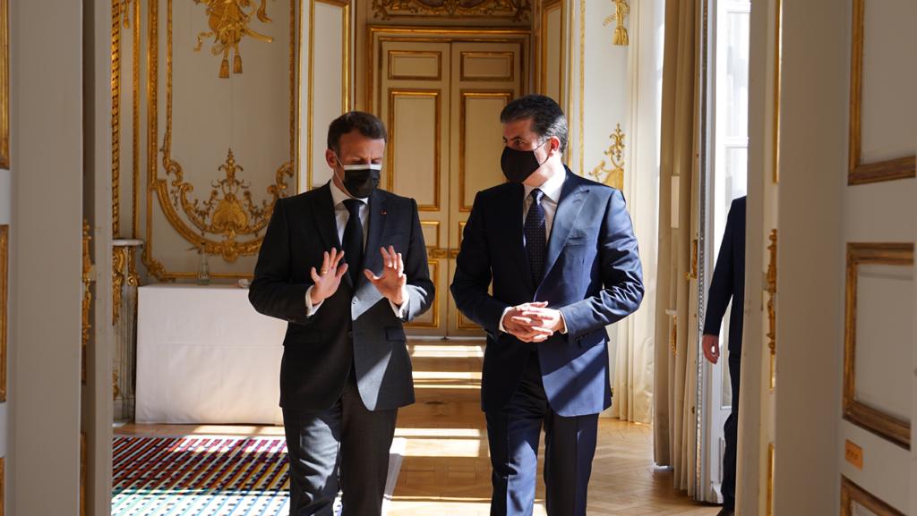 President of Iraq's autonomous Kurdistan Region Nechirvan Barzani (R), with French President Emmanuel Macron at the Elysee Palace in Paris, March 30, 2021. (Photo: Kurdistan Region presidency office)