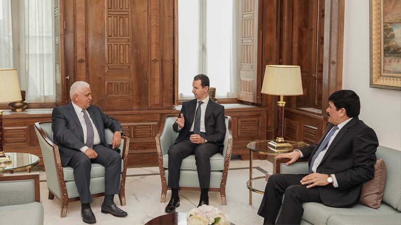 Syrian President Bashar al-Assad (top right) during his meeting with Chairman of Popular Mobilization Forces (PMF) Falih Al-Fayyadh in Damascus, March 2, 2022. (Photo: Syrian Presidency/Facebook)