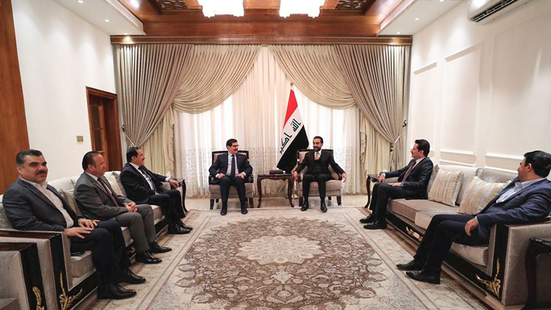 Iraqi Parliament Speaker Mohammed Al-Halboosi meeting with the Kurdistan Democratic Party (KDP) delegation in Baghdad on March 5, 2022. (Photo: Kurdistan 24)