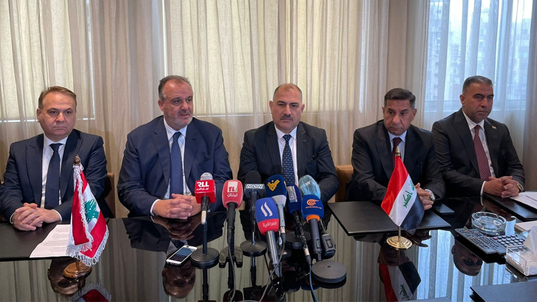 Iraqi Minister of Industry Manhal Aziz al-Khabbaz (third from right) during a joint press conference with his Lebanese counterpart, George Boushekian, (second left), in Beirut, March 7, 2022. (Photo: Iraqi Ministry of Industry)