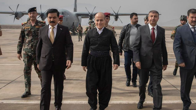 Iraqi Minister of Defense Juma Inad (center left) walks alongside KRG Minister of Peshmerga Shorsh Ismail (center right), March 10, 2022. (Photo: Ministry of Peshmerga)