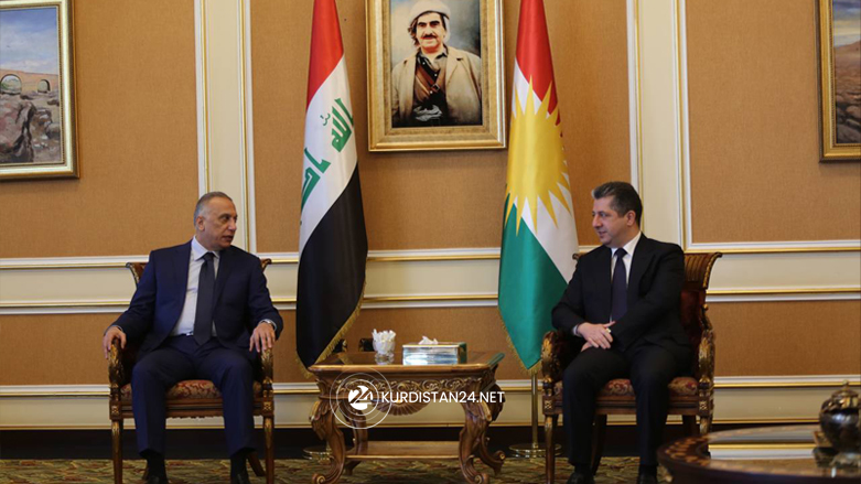 Kurdistan Region Prime Minister Masrour Barzani (right) receives Iraqi Prime Minister Mustafa Al-Kadhimi in Erbil, March 14, 2022. (Photo: Islam Hero/Kurdistan24)