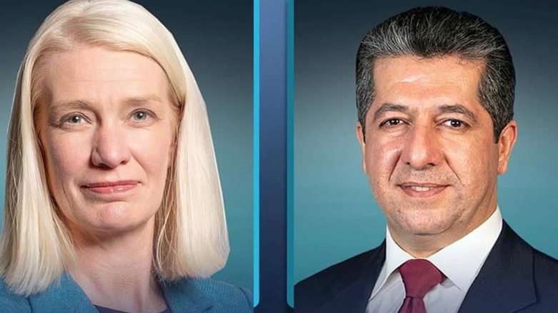 Combined photo of Kurdistan Region PM Masrour Barzani and British Secretary of State for Asia and the Middle East Amanda Milling (Photo: K24)