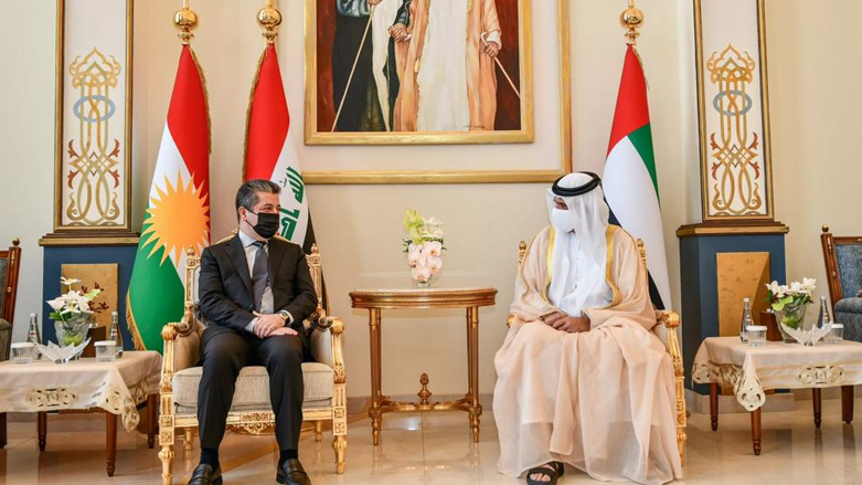 Kurdistan Region Prime Minister Masrour Barzani (left) meeting with the ruler of the UAE’s Ras Al Khaimah Emirate Sheikh Saud bin Saqr al Qasimi. (Photo: KRG)