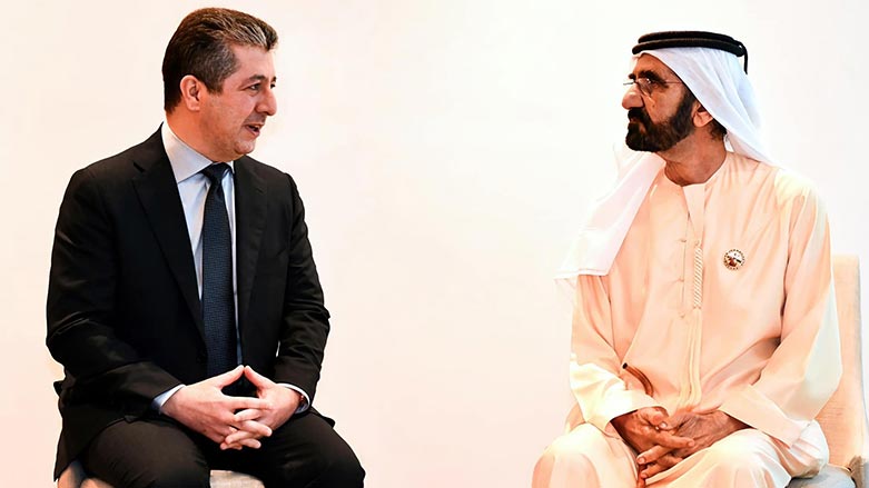 Kurdistan Region Prime Minister Masrour Barzani (left) during his meeting with Mohammed bin Rashid Al Maktoum, Vice President, PM, and Minister of Defense of the UAE and Ruler of Dubai, March 27, 2022. (Photo: KRG)