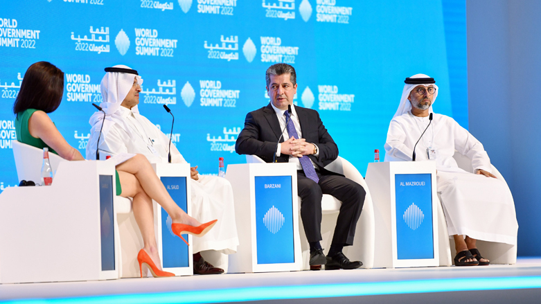 PM Masrour Barzani (second right) speaks during a World Government Summit in Dubai, UAE about the post-oil world, March 29, 2022. (Photo: KRG)
