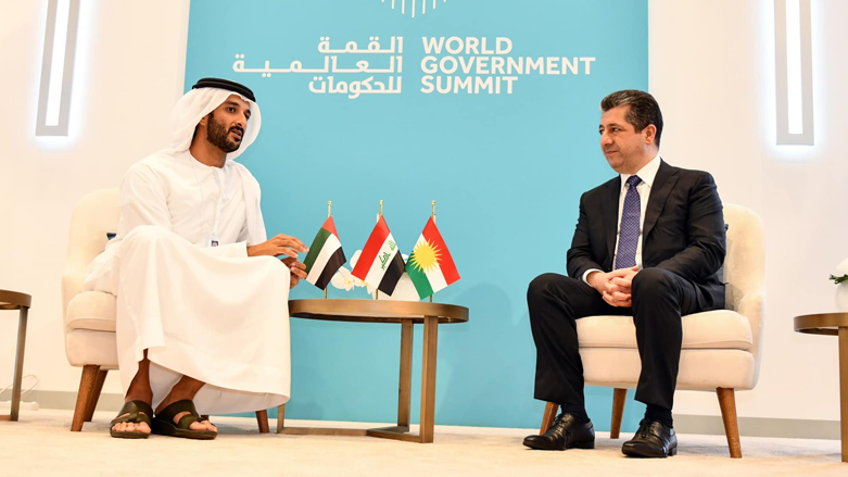 PM Masrour Barzani (right) during his meeting with UAE Minister of Economy Abdulla Bin Touq Al Marri in Dubai, March 29, 2022. (Photo: KRG)