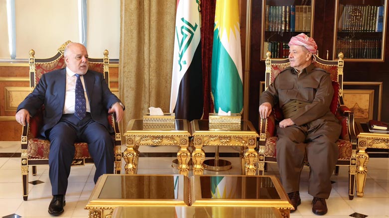 President Masoud Barzani (right), the leader of the KDP, during his meeting with Haider al-Abadi, the leader of Victory Alliance and the former Iraqi Prime Minister, March 1, 2023. (Photo: Barzani Headquarters)