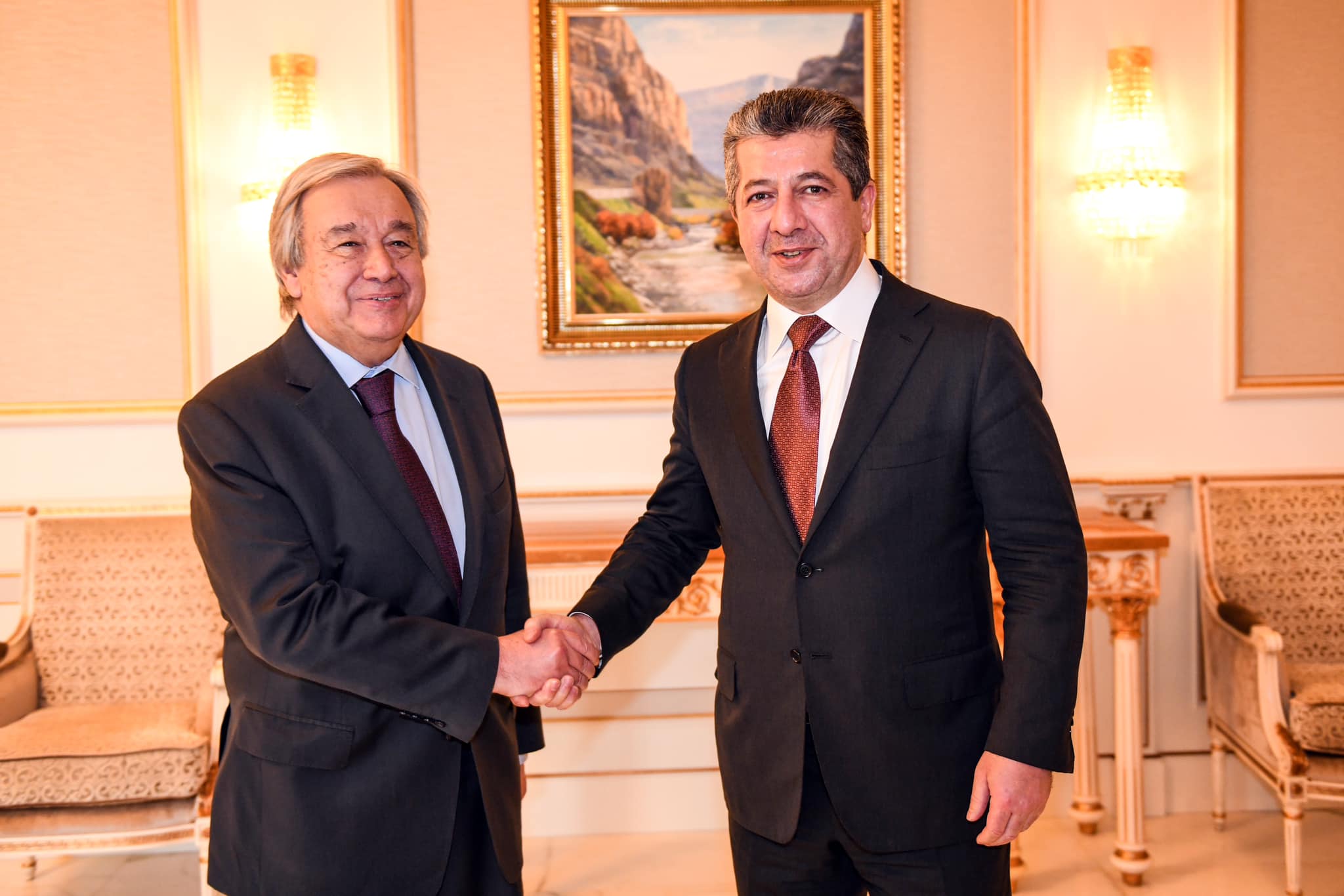 Kurdistan Region Prime Minister Masrour Barzani (right) shaking hands with the United Nations Secretary General António Guterres, March 2, 2023. (Photo: KRG)