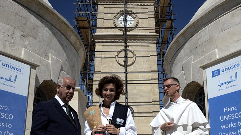 UNESCO chief Audrey Azoulay (C) and Iraqi Minister of Culture, Tourism and Antiquities Ahmed Fakak Al-Badrani (L), on March 7, 2023, in Mosul. (Photo: AFP)
