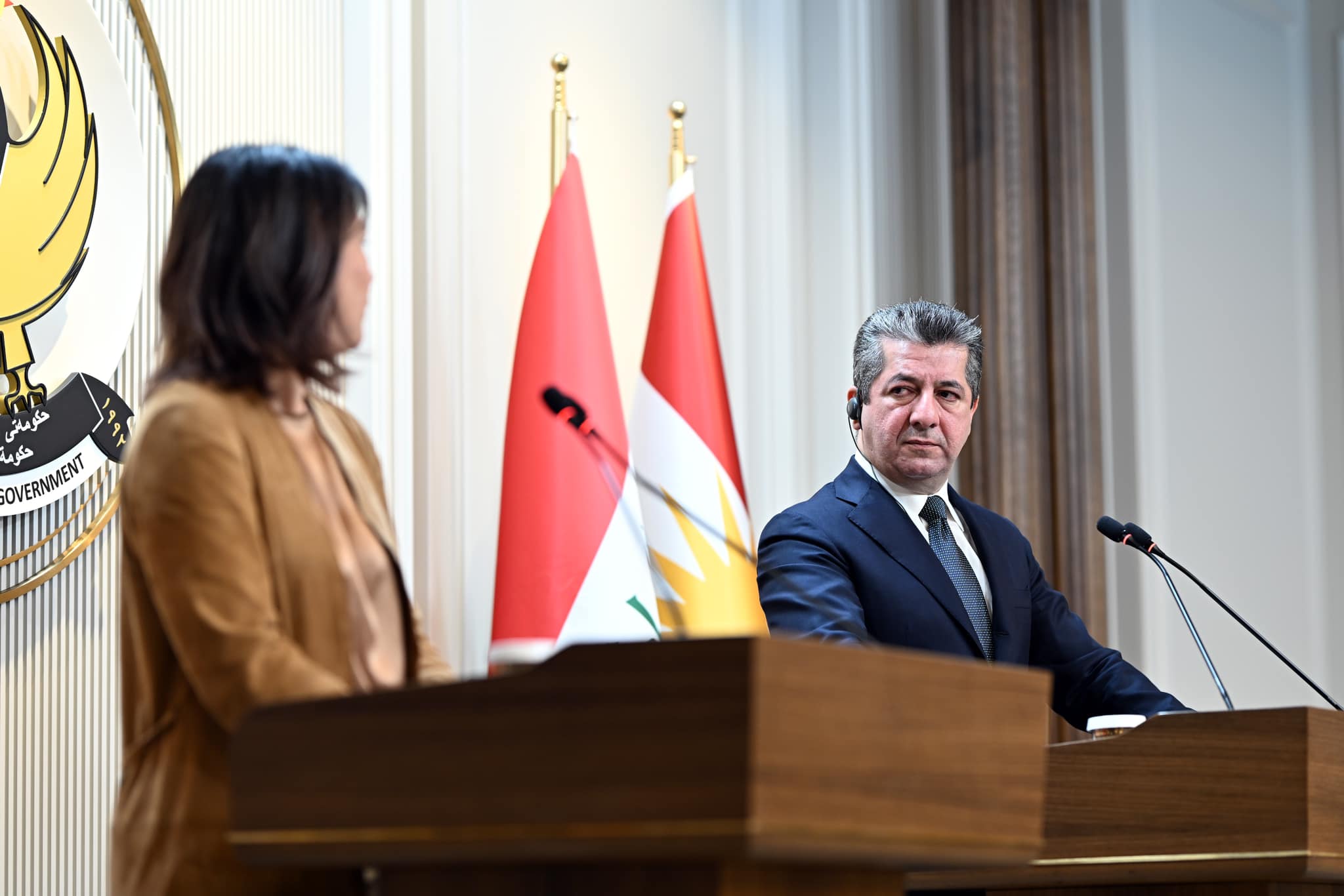 Kurdistan Region Prime Minister Masrour Barzani (right) during a joint press conference with German Minister for Foreign Affairs Annalena Baerbock in Erbil, March 8, 2023. (Photo: KRG)