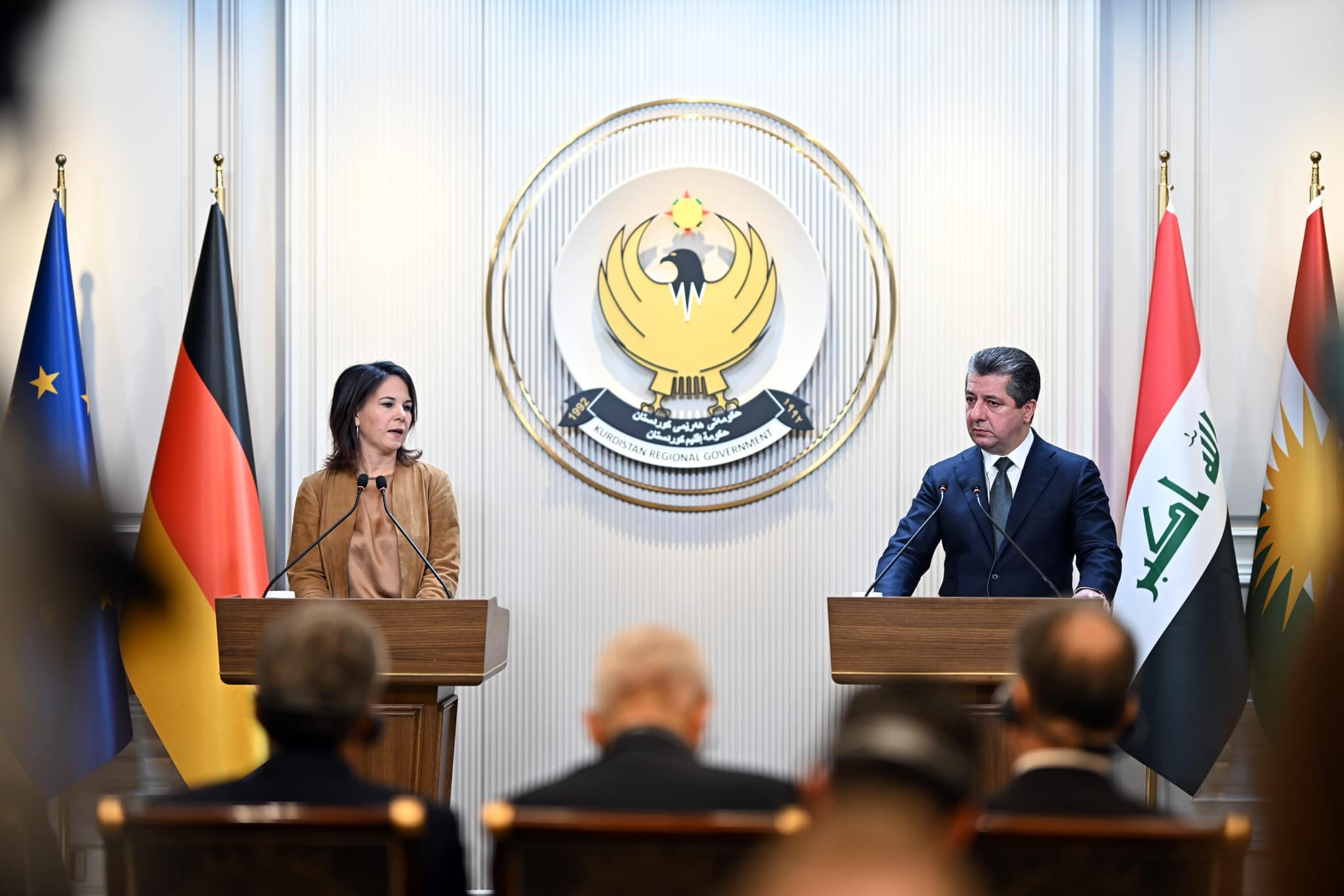 Kurdistan Region Prime Minister Masrour Barzani (right) during a joint press conference with German Minister for Foreign Affairs Annalena Baerbock in Erbil, March 8, 2023. (Photo: KRG)