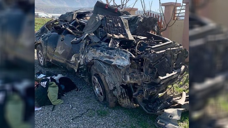The crashed car, in which five were killed, as a result of a fall from mountain pass, March 13, 2023. (Photo: Submitted to Kurdistan 24)
