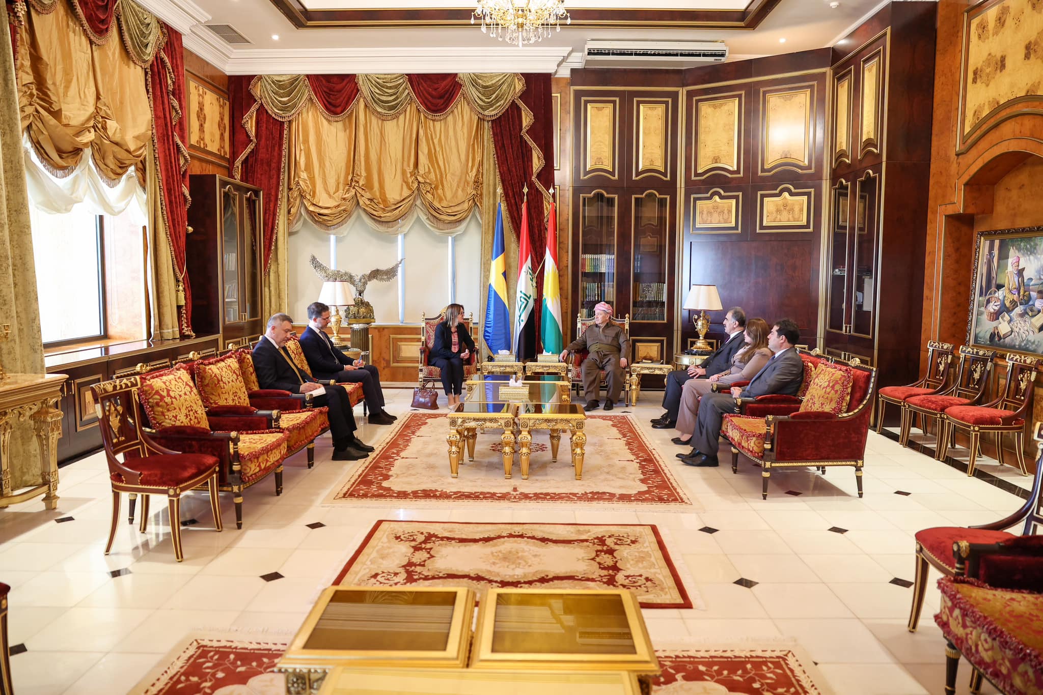 Masoud Barzani (top right), the leader of the Kurdistan Democratic Party (KDP), during his meeting with Swedish Ambassador to Iraq Jessica Svardstrom, March 13, 2023. (Photo: Barzani Headquarters)