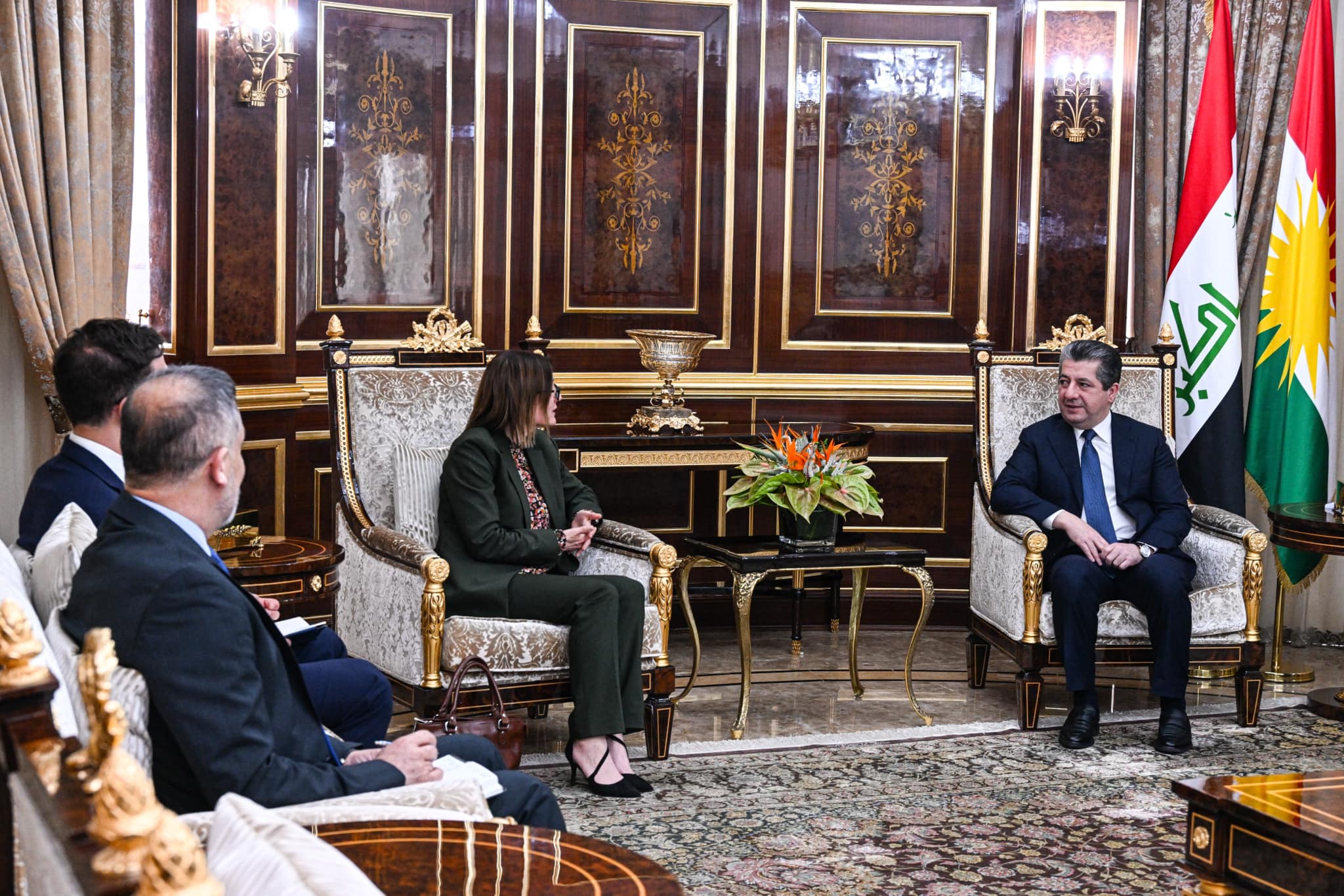 Kurdistan Region Prime Minister Masrour Barzani (top right) during his meeting with Swedish Ambassador to Iraq Jessica Svärdström, March 14, 2023. (Photo: KRG)