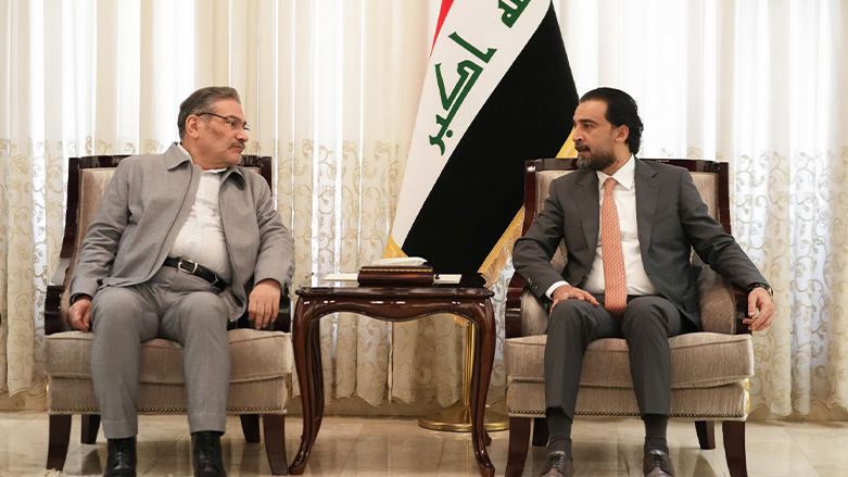 Iraqi Parliament Speaker Mohammed al-Halboosi (right) during his meeting with the Iranian Supreme National Security Council Secretary, Ali Shamkhani, March 19, 2023. (Photo: the Media Office of the Iraqi parliament’s speaker)