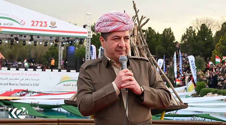 Kurdistan Region Prime Minister Masrour Barzani delivering remarks at a Newroz party in Erbil, March 20, 2023. (Photo: KRG)
