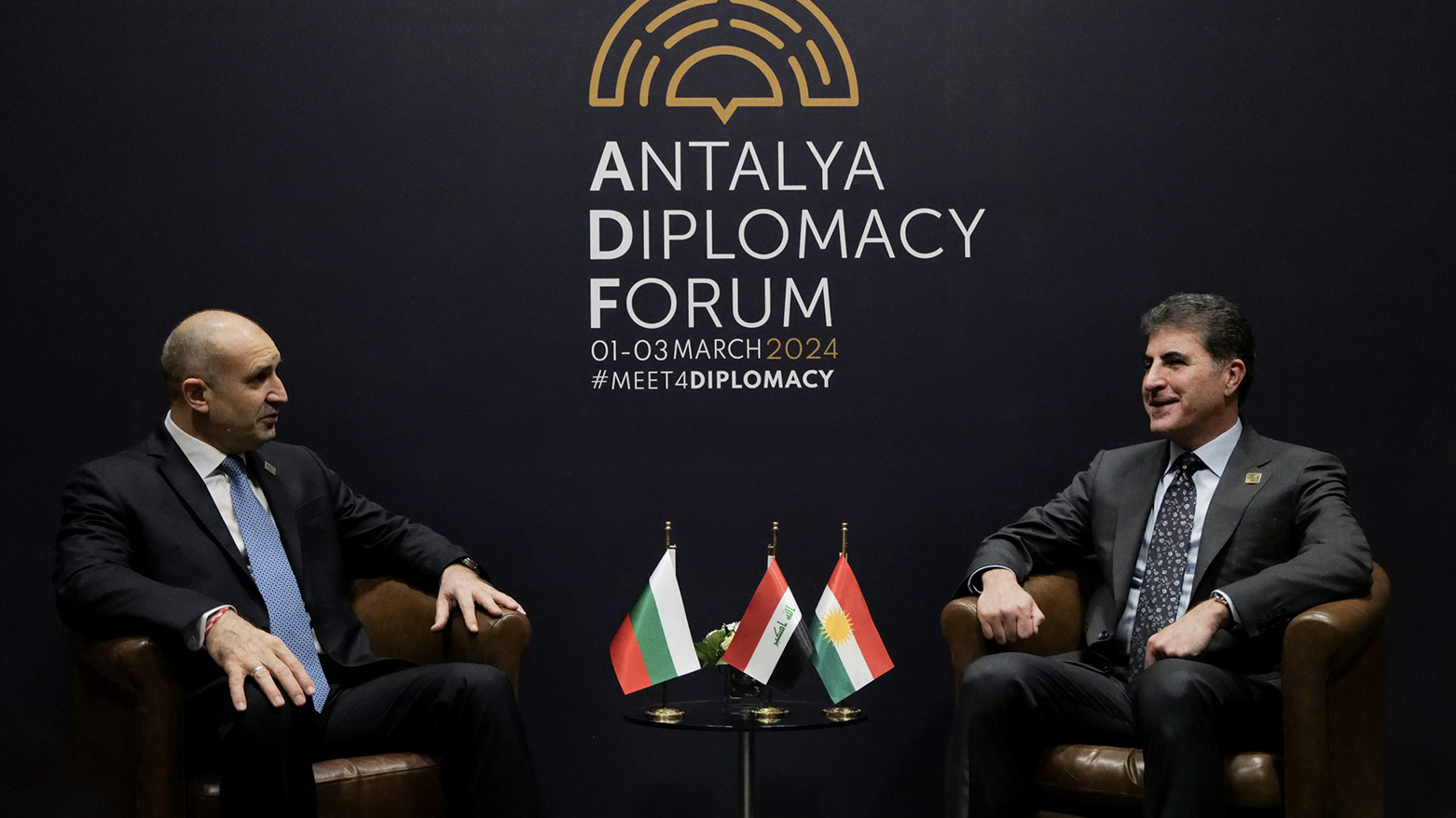 Kurdistan Region President Nechirvan Barzani (Right) and  Bulgarian President Rumen Radev (Left) in Antalya, Türkiye. (Photo: KRG)