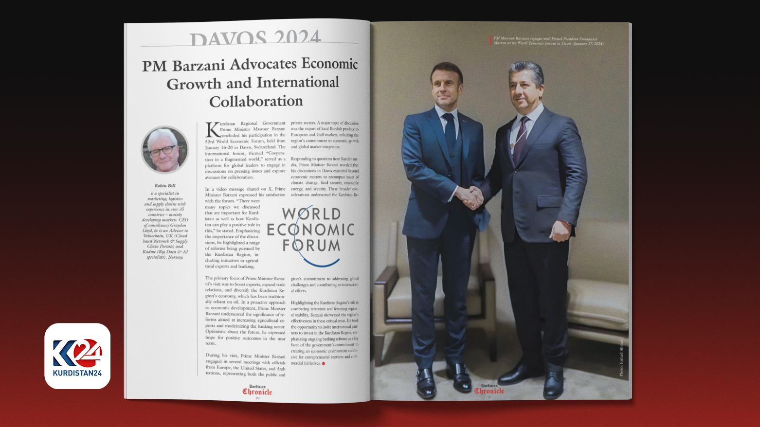 The fromt page of the article ‘PM Barzani Advocates Economic Growth and International Collaboration,’ by Robin Bell. (Photo: Kurdistan Chronicle) 