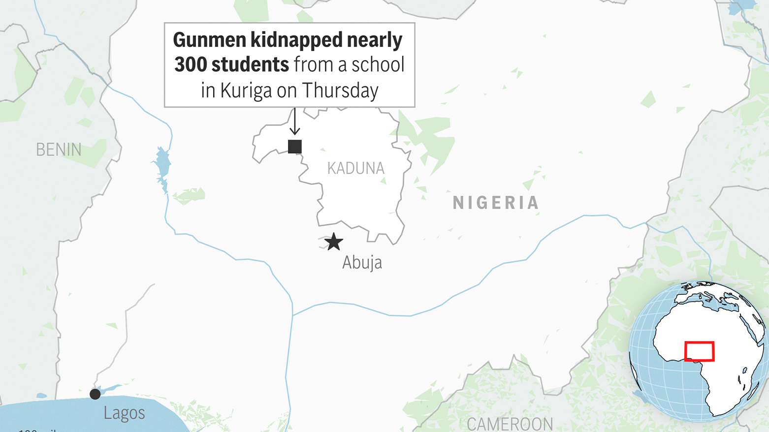 Gunmen attacked a school in northwestern Nigeria and abducted hundreds of children as they were about to start classes Thursday. (Photo: AP Graphic)