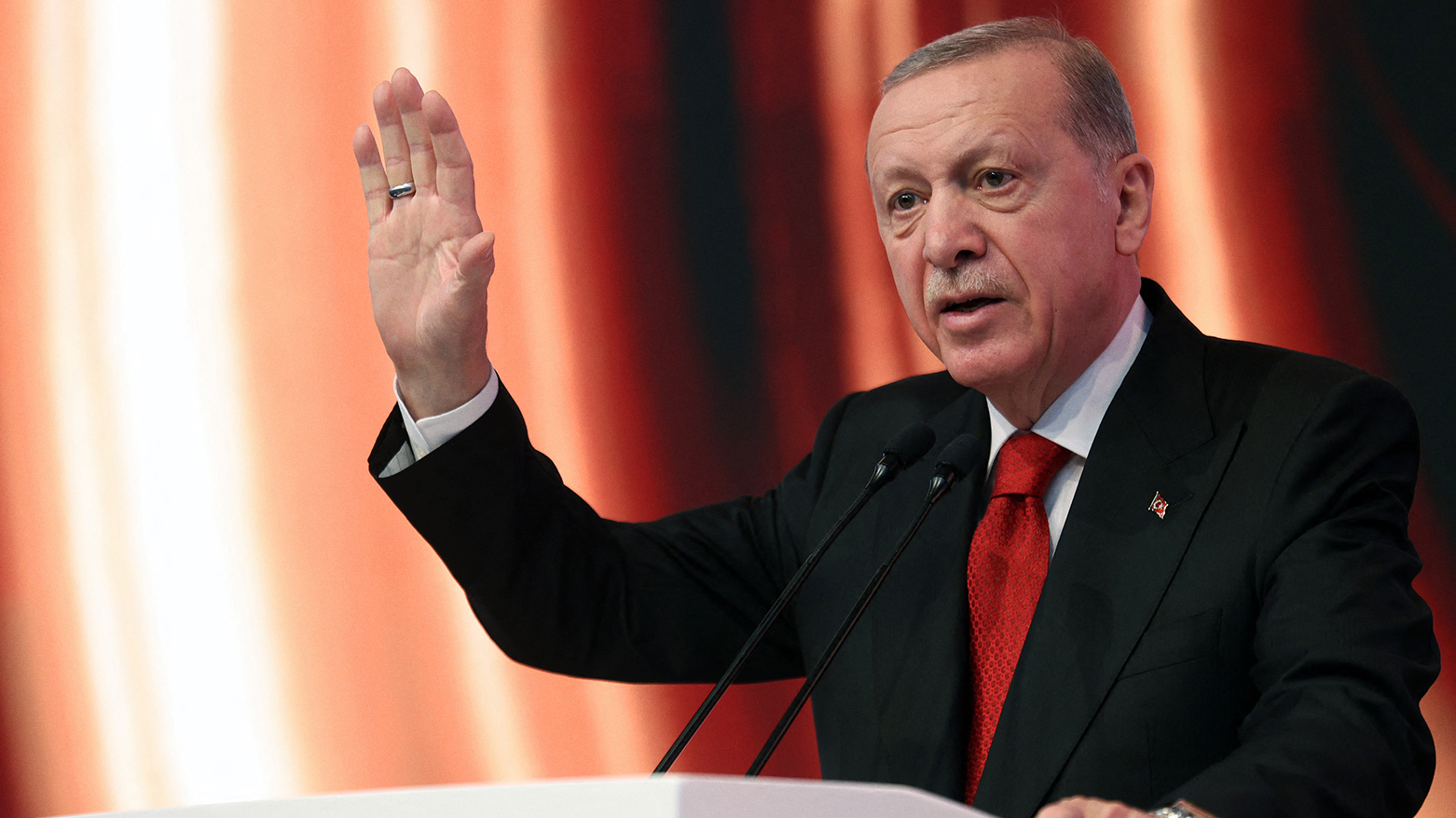 This handout photograph taken and released by Turkish Presidency Press Office on March 1, 2024, shows Turkish President Recep Tayyip Erdogan delivering a speech.(Photo: HANDOUT/TURKISH PRESIDENTIAL PRESS SERVICE/AFP)