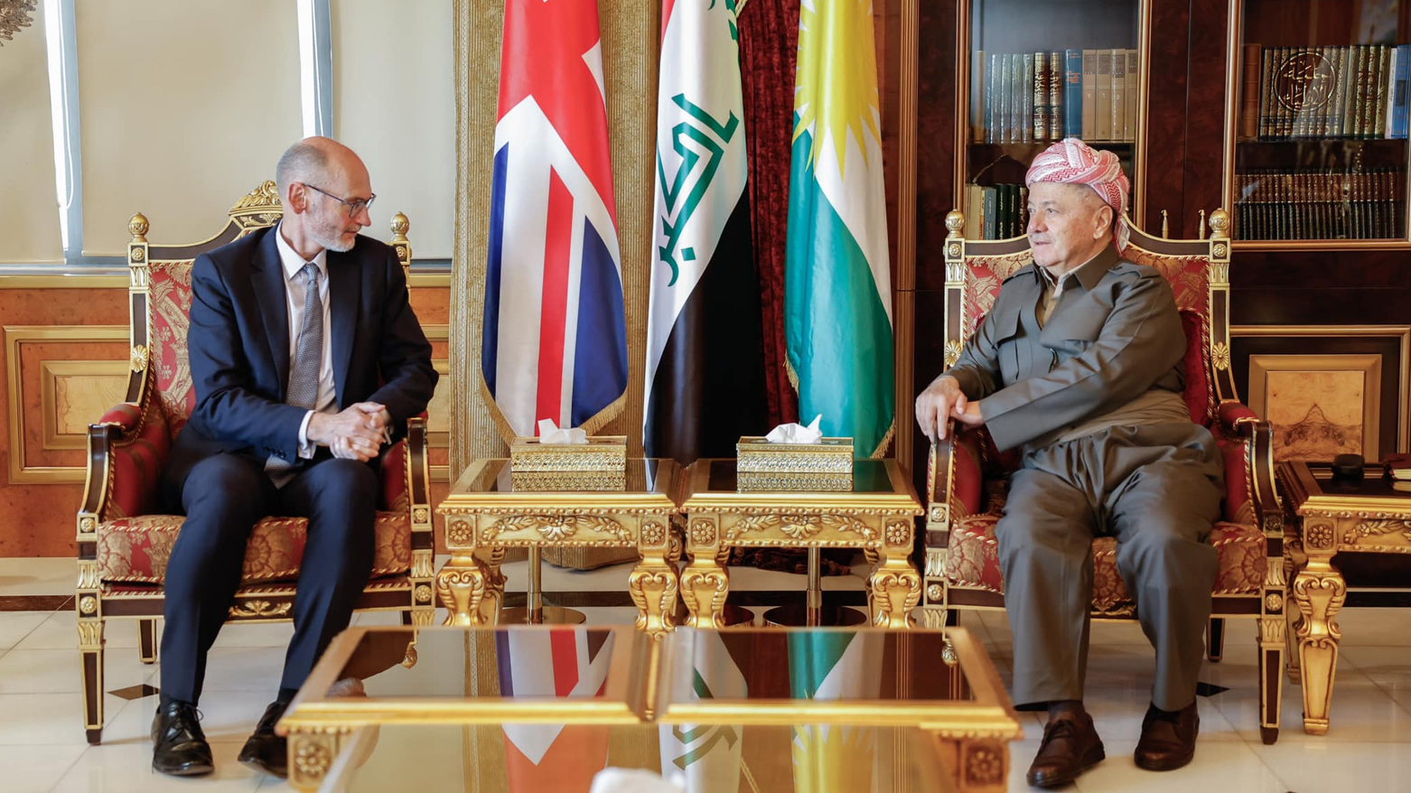 KDP President Masoud Barzani (right) during his meeting with British Ambassador to Iraq Stephen Charles Hitchen, March 13, 2024. (Photo: Barzani Headquarters)