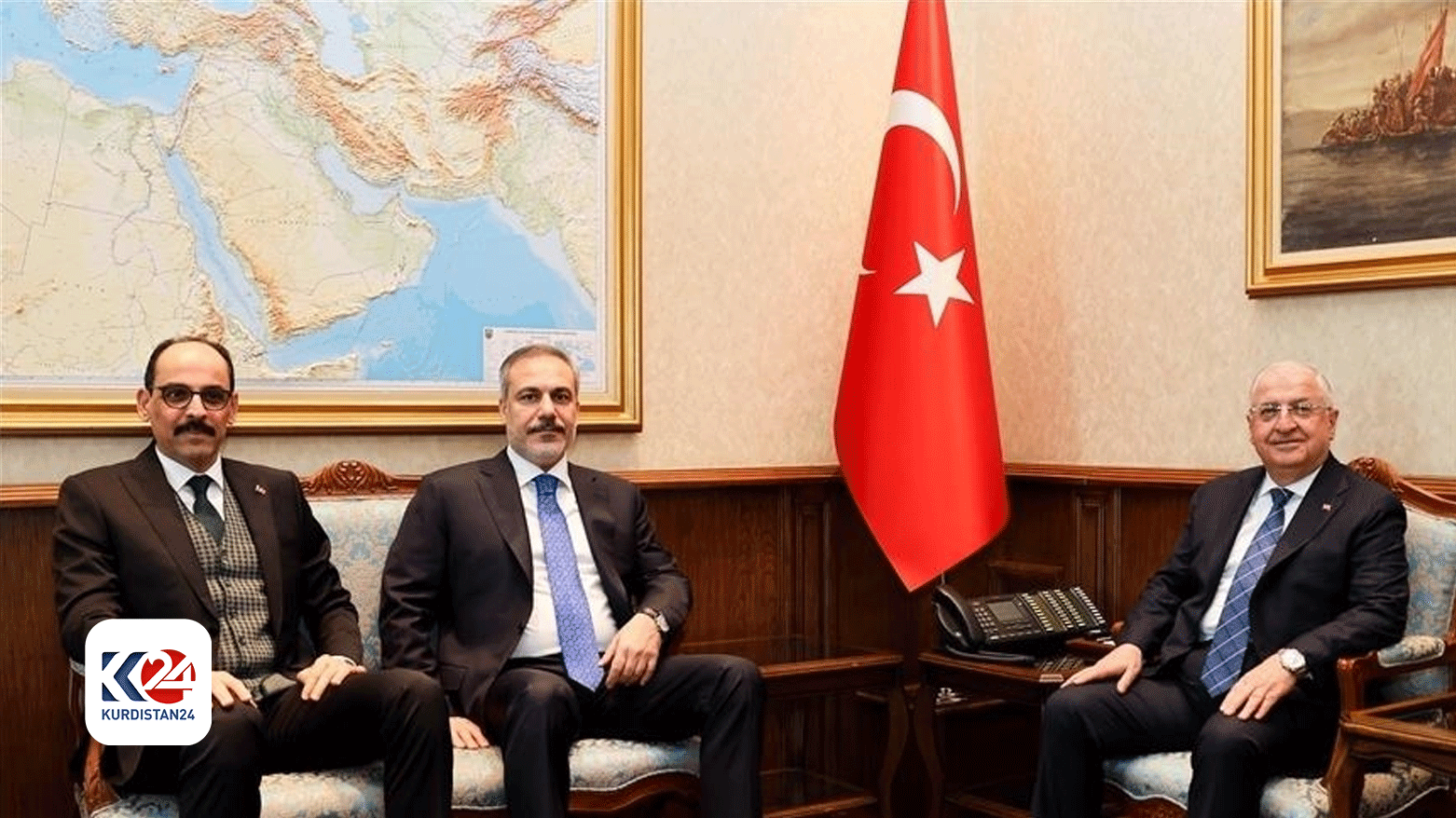 Turkish Foreign Minister Hakan Fidan (second from left), Defense Minister Yaşar Güler (right) and Director of the National Intelligence Organization of Turkey Ibrahim Kalın. (Photo: Anadolu Agency)