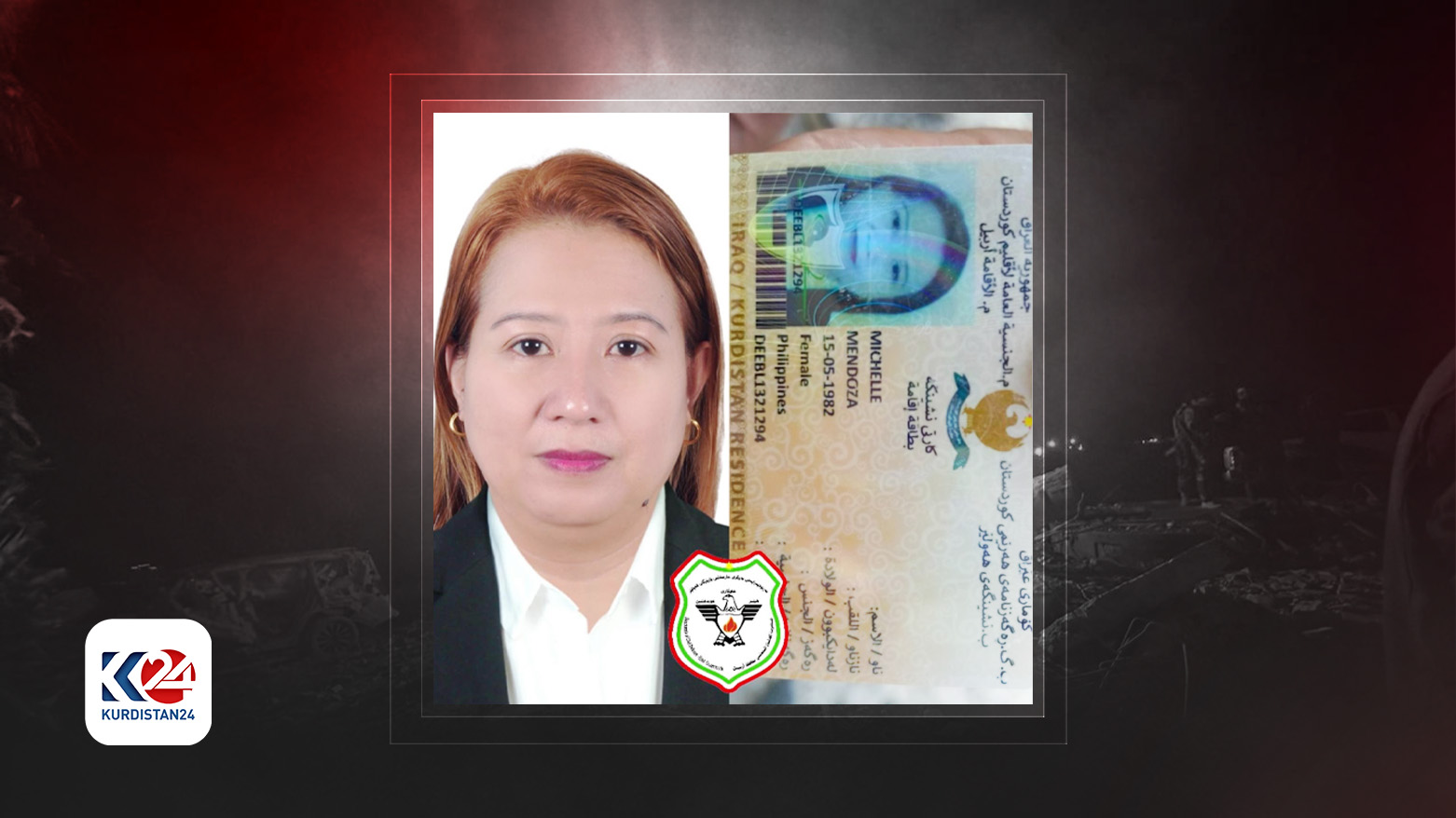 A photo of Michelle Mendoza and her KRG Residency Card. (Photo designed by Kurdistan 24)