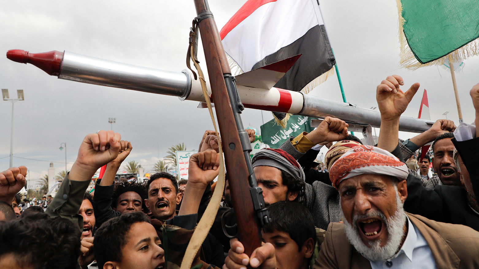 Houthi supporters attend a rally against the U.S. airstrikes on Yemen and the Israeli offensive against the Palestinians in Gaza SAtrip, in Sanaa, Yemen, Friday, March 8, 2024. (AP Photo/Osamah Abdulrahman)
