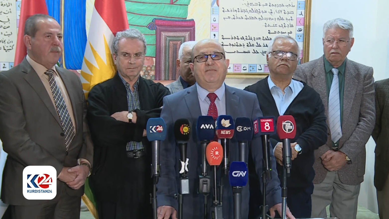 Representatives of Chaldean, Assyrian, and Armenian speaking at the press conference, March 16, 2024. (Photo: Kurdistan24)