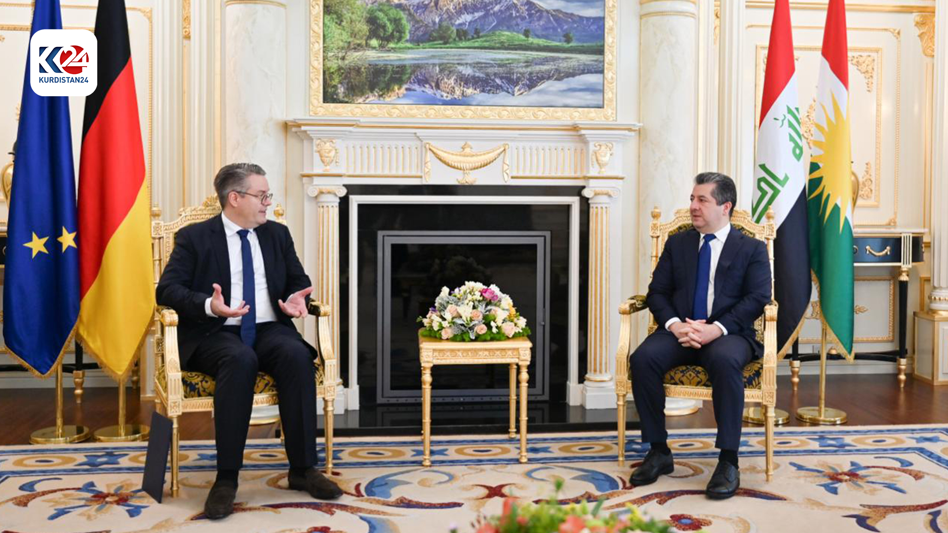 Kurdistan Region Prime Minister Masrour Barzani (R) on Tuesday met with German Minister of State Tobias Lindner (L). (Photo: Kurdistan 24)