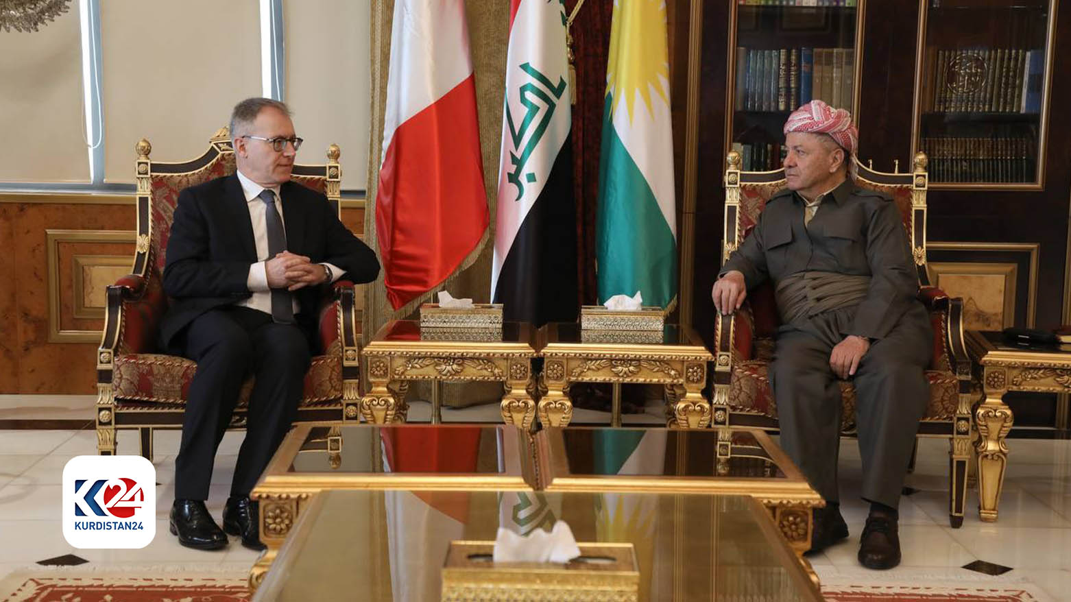 KDP President Masoud Barzani (right) during his meeting with the Italian Ambassador to Iraq Maurizio Greganti, March 19, 2024. (Photo: Barzani Headquarters)
