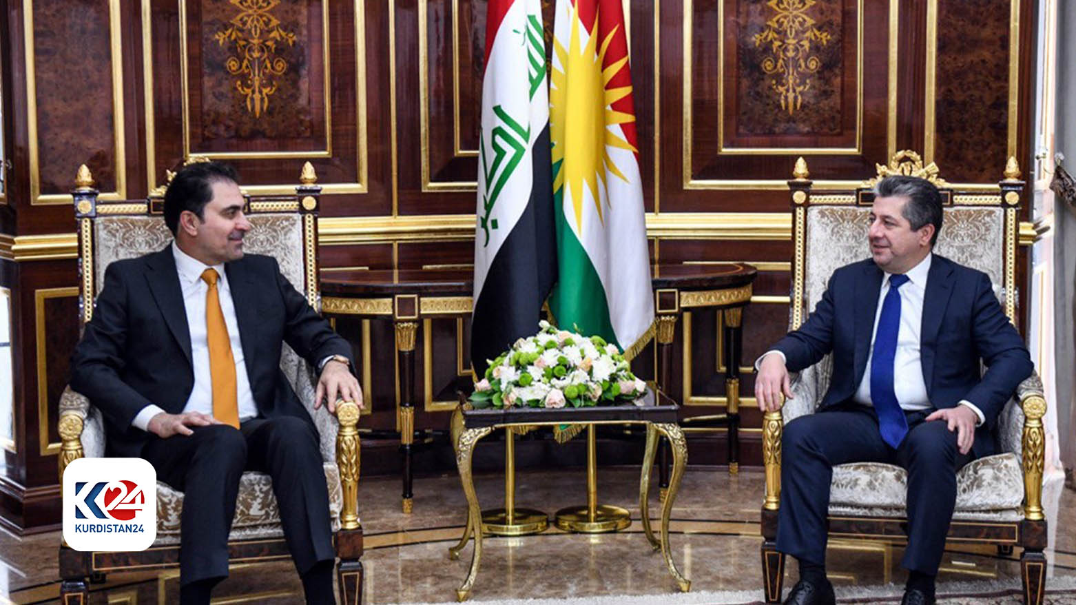 Kurdistan Region Prime Minister Masrour Barzani (right) during his meeting with Acting Speaker of the House of Representatives, Mohsen Al-Mandalawi, March 19, 2024. (Photo: KRG)