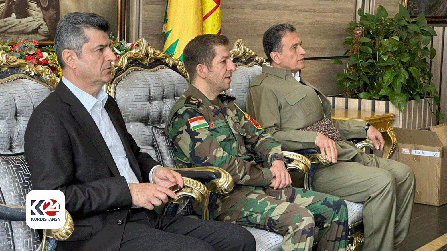 The photo shows Dohuk's Governor Ali Tatar (L) alongside KDP's President's representative Mansour Barzani (C) and KDP Politburo Member Sarbast Lazgin (R).