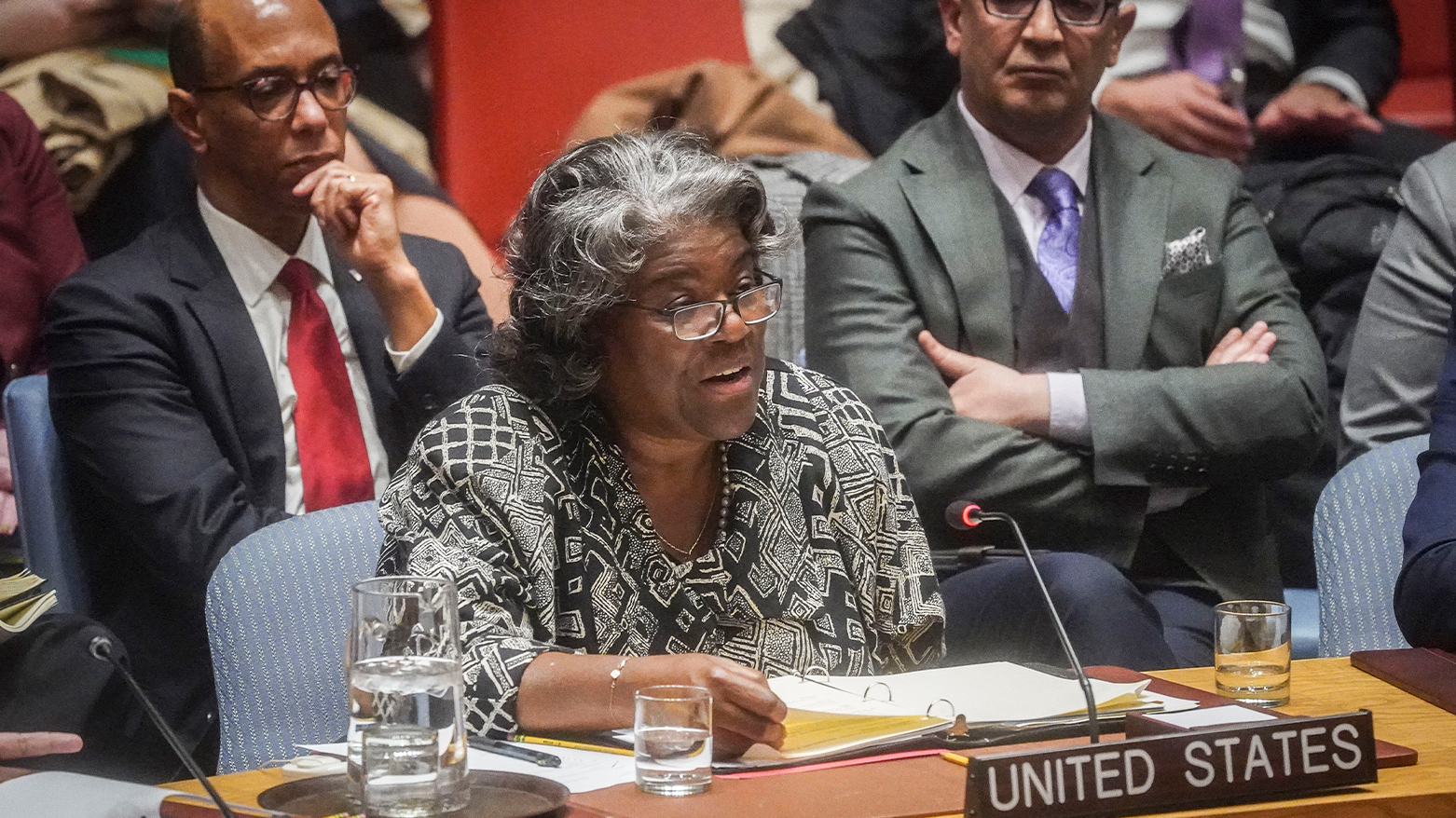 U.S. United Nations Ambassador Linda Thomas-Greenfield, center, addresses a meeting of the United Nations Security Council on the war in Gaza, on March 11, 2024, at U.N. headquarters. (Photo: AP)