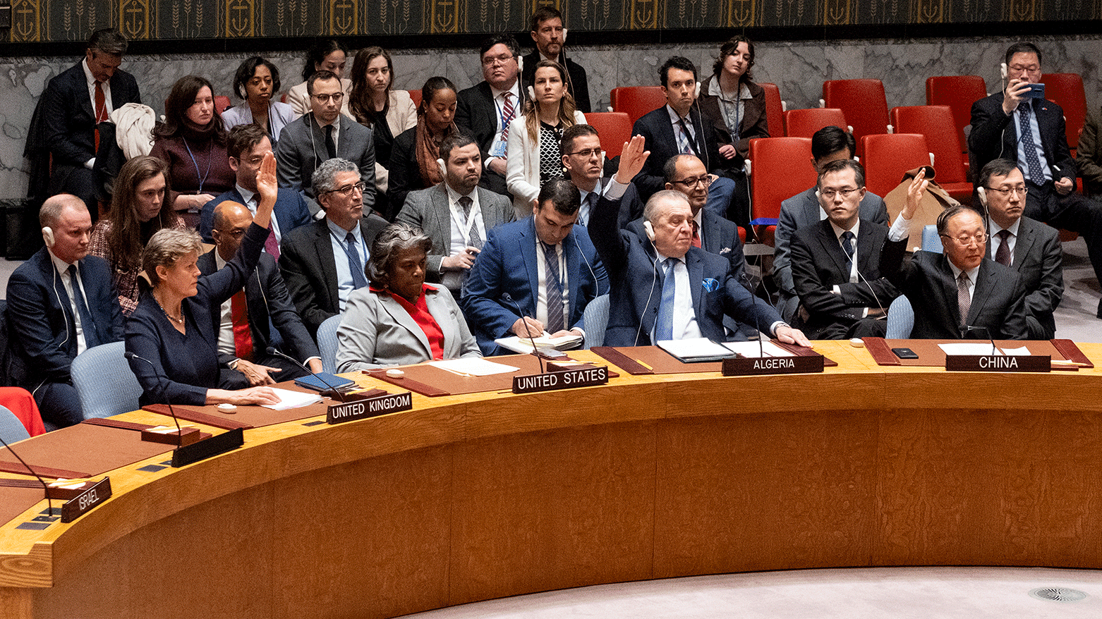 Linda Thomas-Greenfield, United States Ambassador and Representative to the United Nations, holds to abstain her vote as the United Nations Security Council passed a cease-fire resolution in Gaza. (Photo" AP)