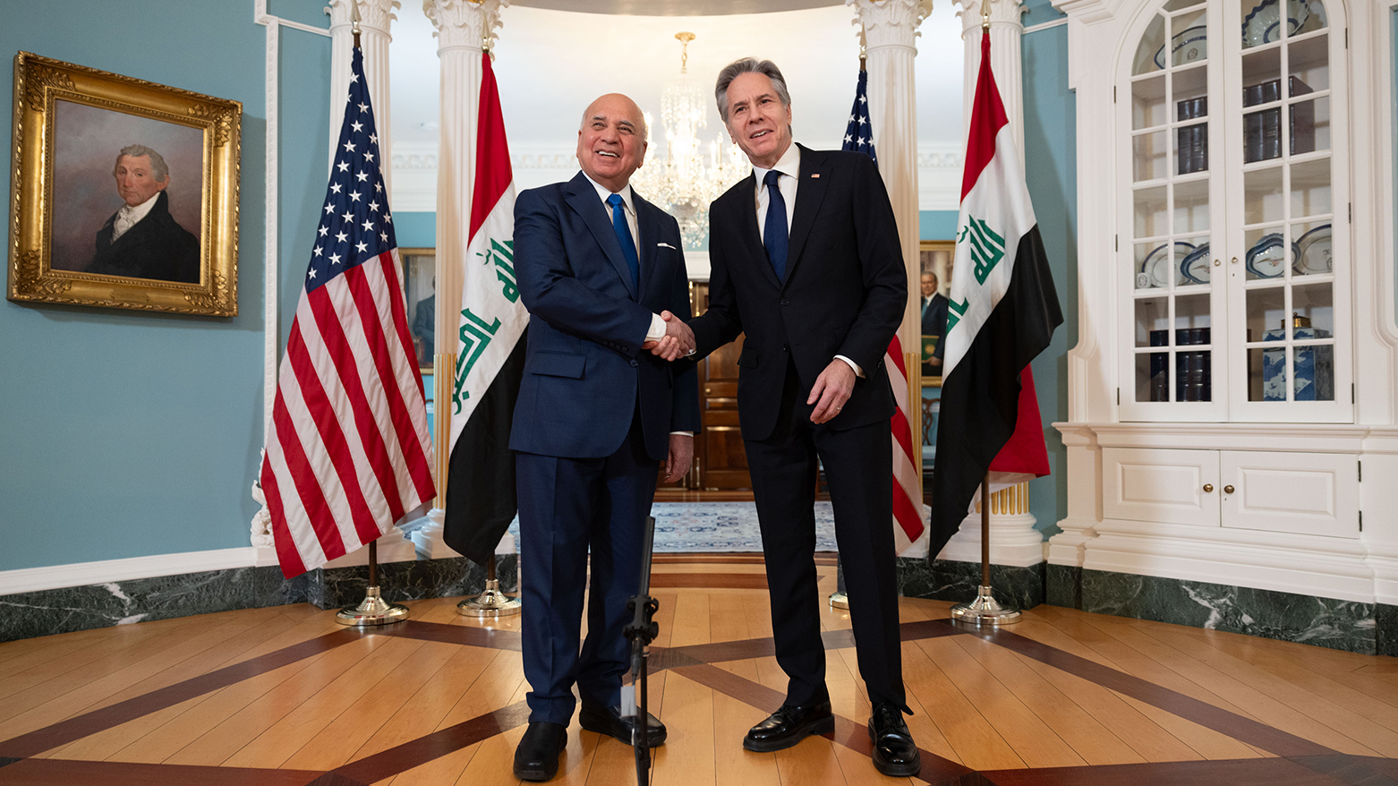 Iraqi Deputy Prime Minister and Foreign Minister Fuad Hussein (left) shaking hands with U.S. Secretary of State Antony Blinken, March 26, 2024. (Photo: U.S. Secretary of State Antony Blinken/ X)