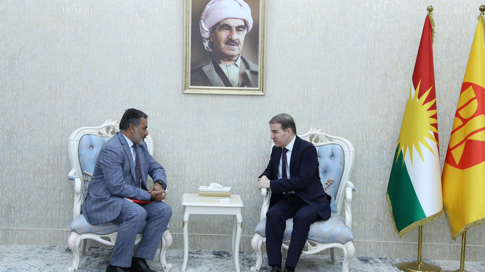 Hemin Hawrami, member of the KDP Politburo (right), during his meeting with Manoj Mathew Director of the UNAMI Office of Political Affairs, March 28, 2024. (Photo: Hemin Hawrami/ X)