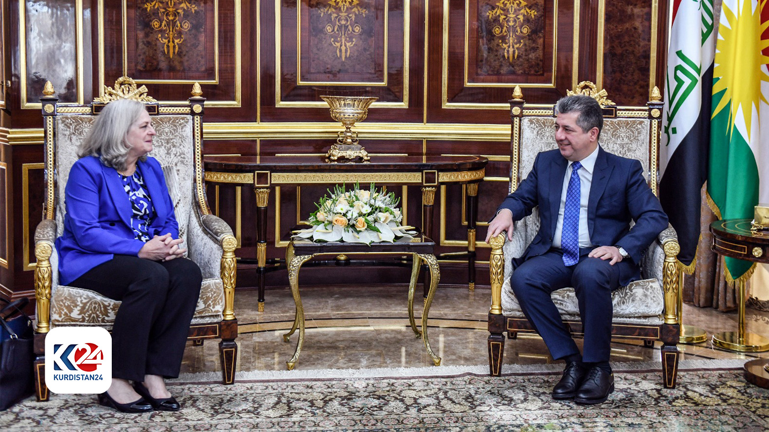 Kurdistan Region Prime Minister Masrour Barzani (right) during his meeting with US Ambassador to Iraq, Alina L. Romanowski, March 30, 2024. (Photo: KRG)