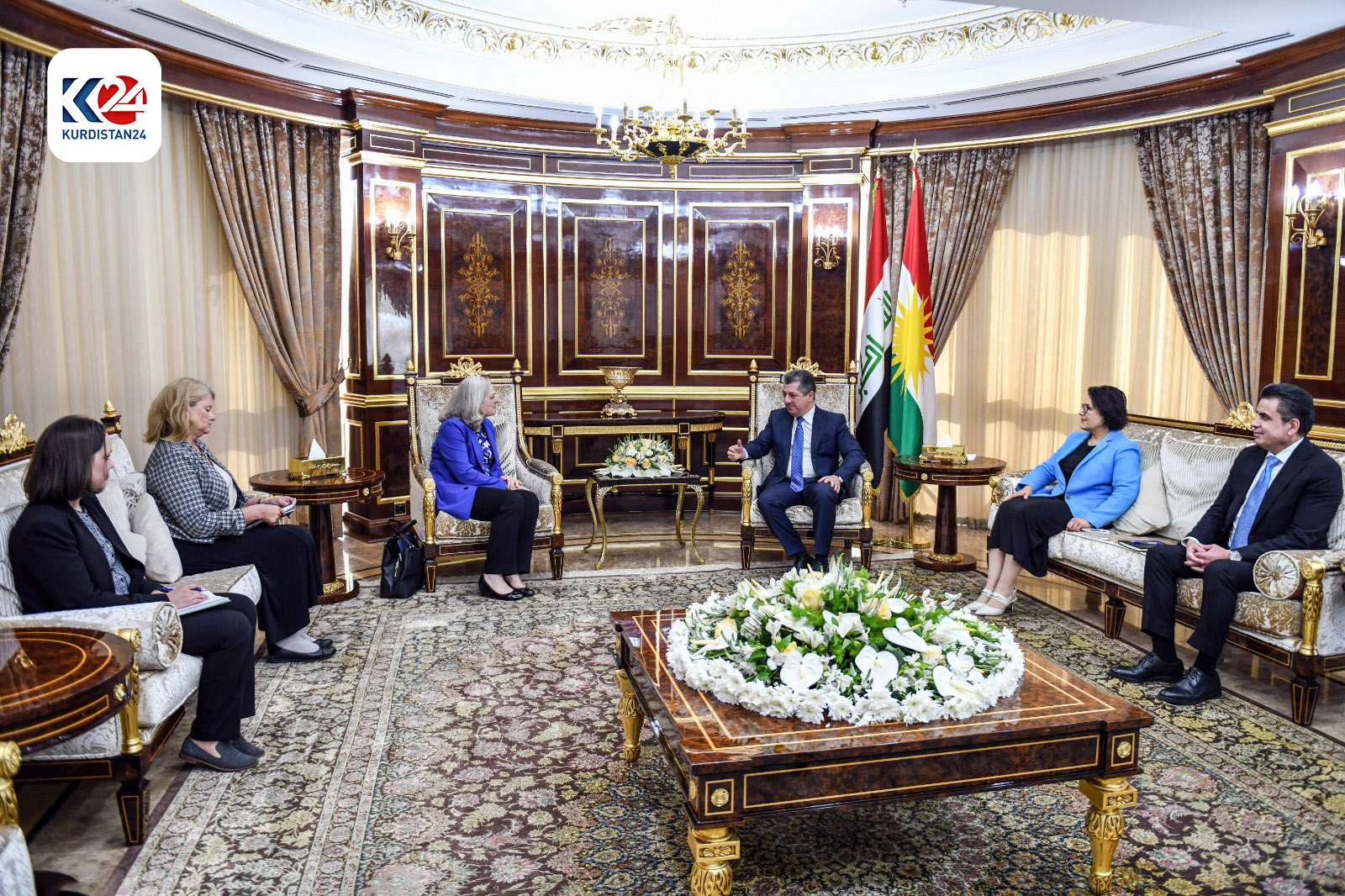 Kurdistan Region Prime Minister Masrour Barzani (top right) during his meeting with US Ambassador to Iraq, Alina Romanowski, March 30, 2024. (Photo: KRG)