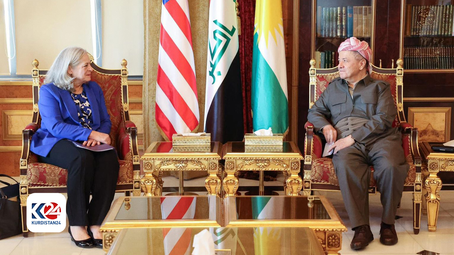 KDP President Masoud Barzani (right) during his meeting with US Ambassador to Iraq, Alina L. Romanowski, March 30, 2024. (Photo: Barzani Headquarters)