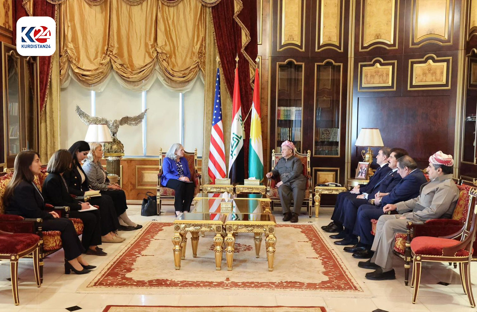 KDP President Masoud Barzani (right) during his meeting with US Ambassador to Iraq, Alina L. Romanowski, March 30, 2024. (Photo: Barzani Headquarters)