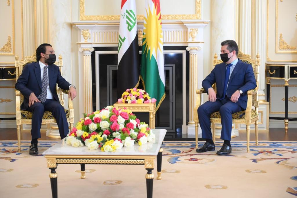 Kurdistan Region Prime Minister Masrour Barzani (right), receives Mohammed al-Halbousi, Speaker of the Iraqi Council of Representatives, May 3, 2021. (Photo: KRG)