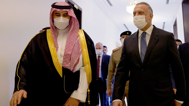 Khalid bin Salman (left), Saudi deputy defense minister walks alongside with Iraq's Prime Minister Mustafa al-Kadhimi (right) in capital Baghdad,  May 11, 2021. (Photo: Iraqi government)