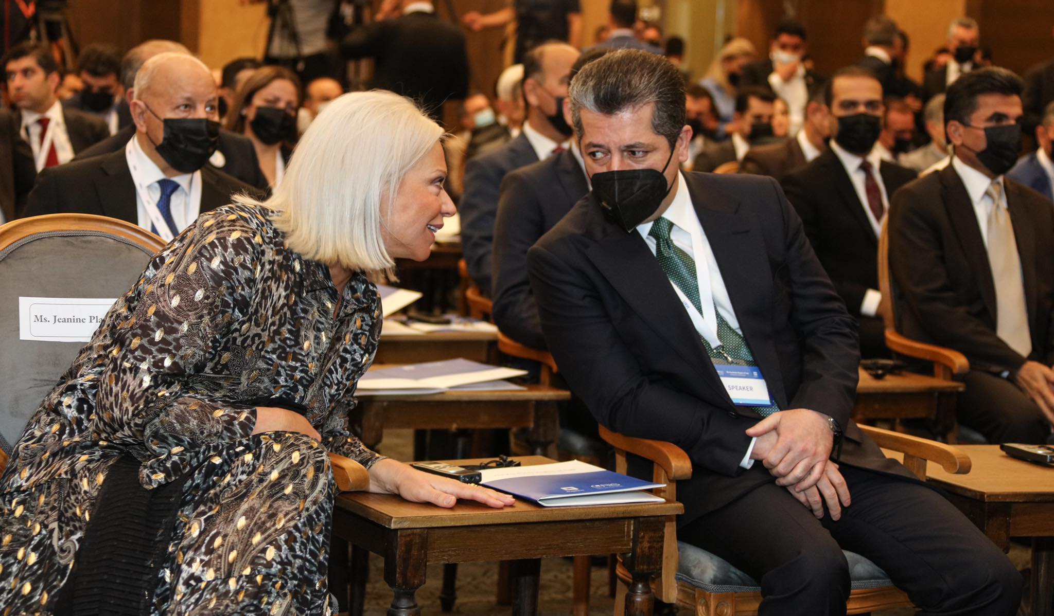 Kurdistan Region Prime Minister Masrour Barzani (right) and UN special envoy for Iraq Jeanine Hennis-Plasschaert at a conference on political unity on May 19, 2021. (Photo: Kurdistan 24)