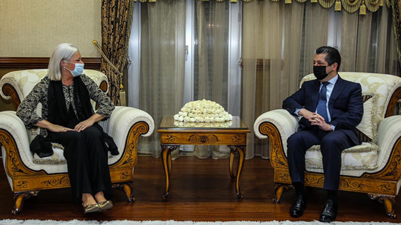 UN Special Representative for Iraq Jeanine Hennis-Plasschaert (left) and Kurdistan Region Prime Minister Masrour Barzani meet in Erbil on May 20, 2021. (Photo: Prime Minister's office)